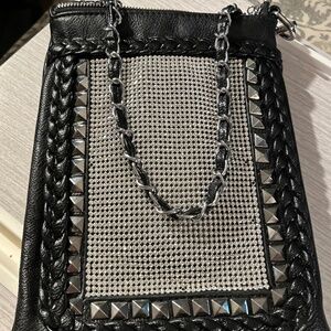 Vintage D'Oricia Women's Black Leather Silver Hardware Studs Crossbody Purse